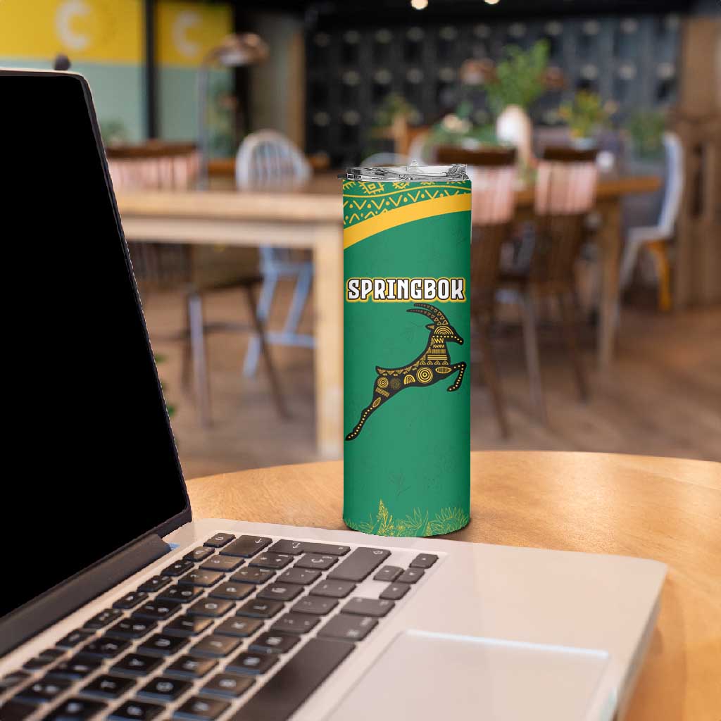 South Africa Springboks Skinny Tumbler with Tribal Antelope Design and Floral Accents