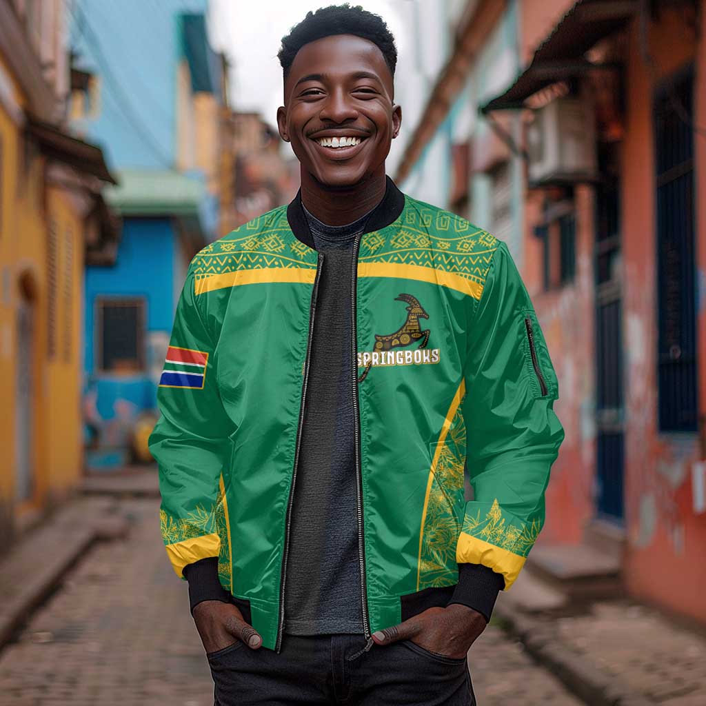 South Africa Springboks Sleeve Zip Bomber Jacket with Tribal Antelope Design and Floral Accents