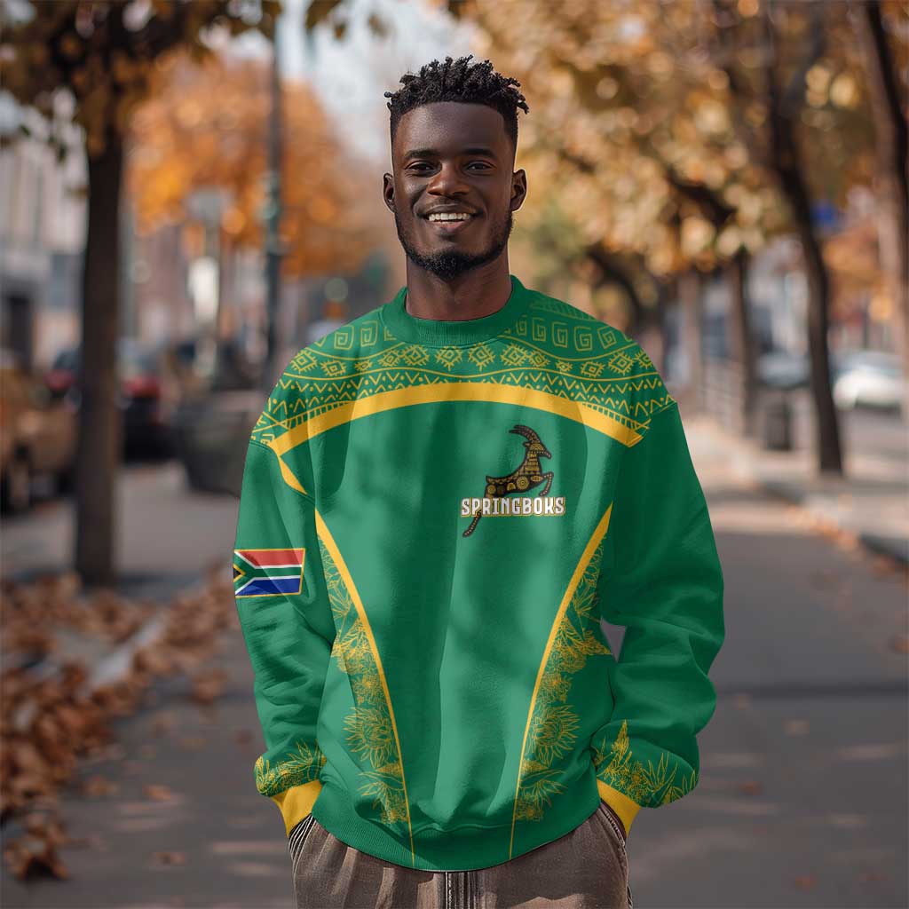 South Africa Springboks Sweatshirt with Tribal Antelope Design and Floral Accents