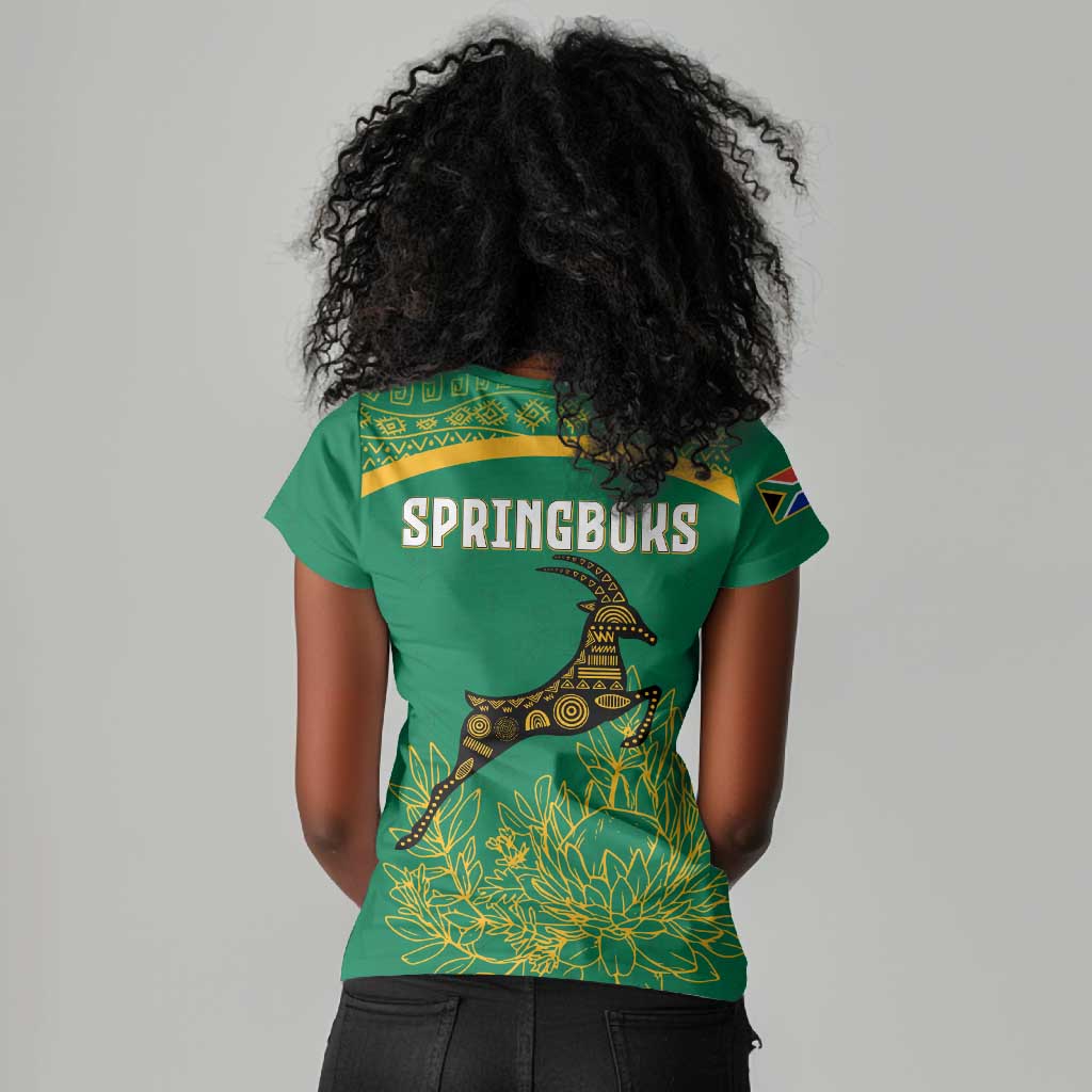 South Africa Springboks Women V-Neck T-Shirt with Tribal Antelope Design and Floral Accents