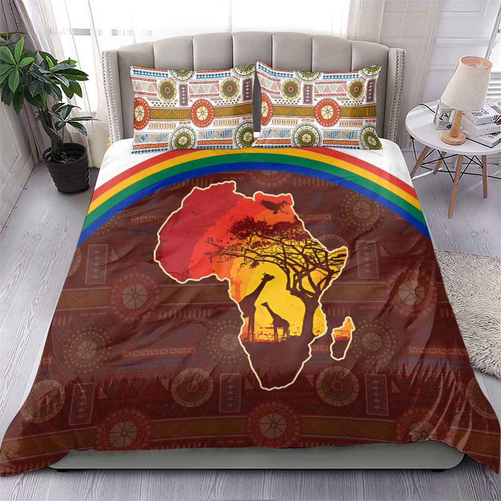 African Sunset Bedding Set Tribal Pattern Continent Silhouette - Rainbow Arc Safari Scene