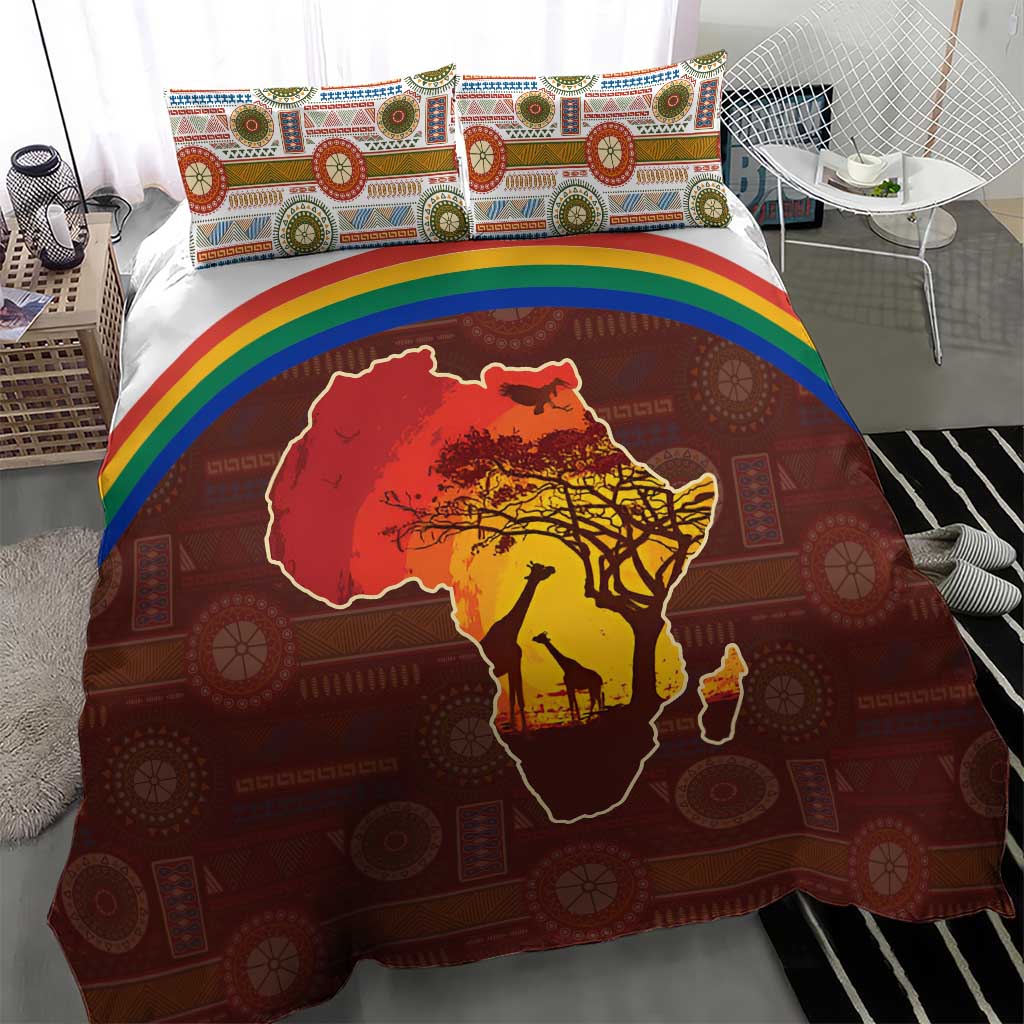 African Sunset Bedding Set Tribal Pattern Continent Silhouette - Rainbow Arc Safari Scene