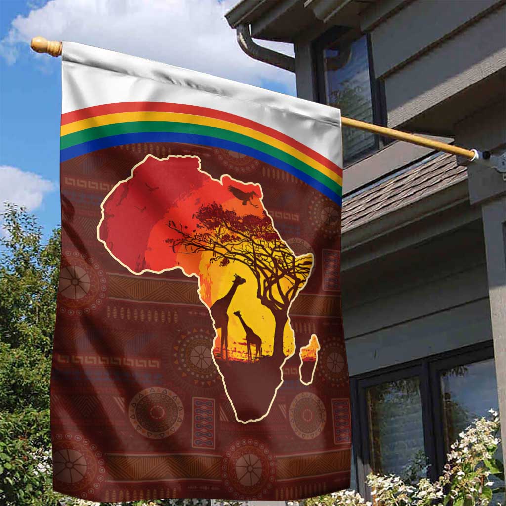 African Sunset Garden Flag Tribal Pattern Continent Silhouette - Rainbow Arc Safari Scene
