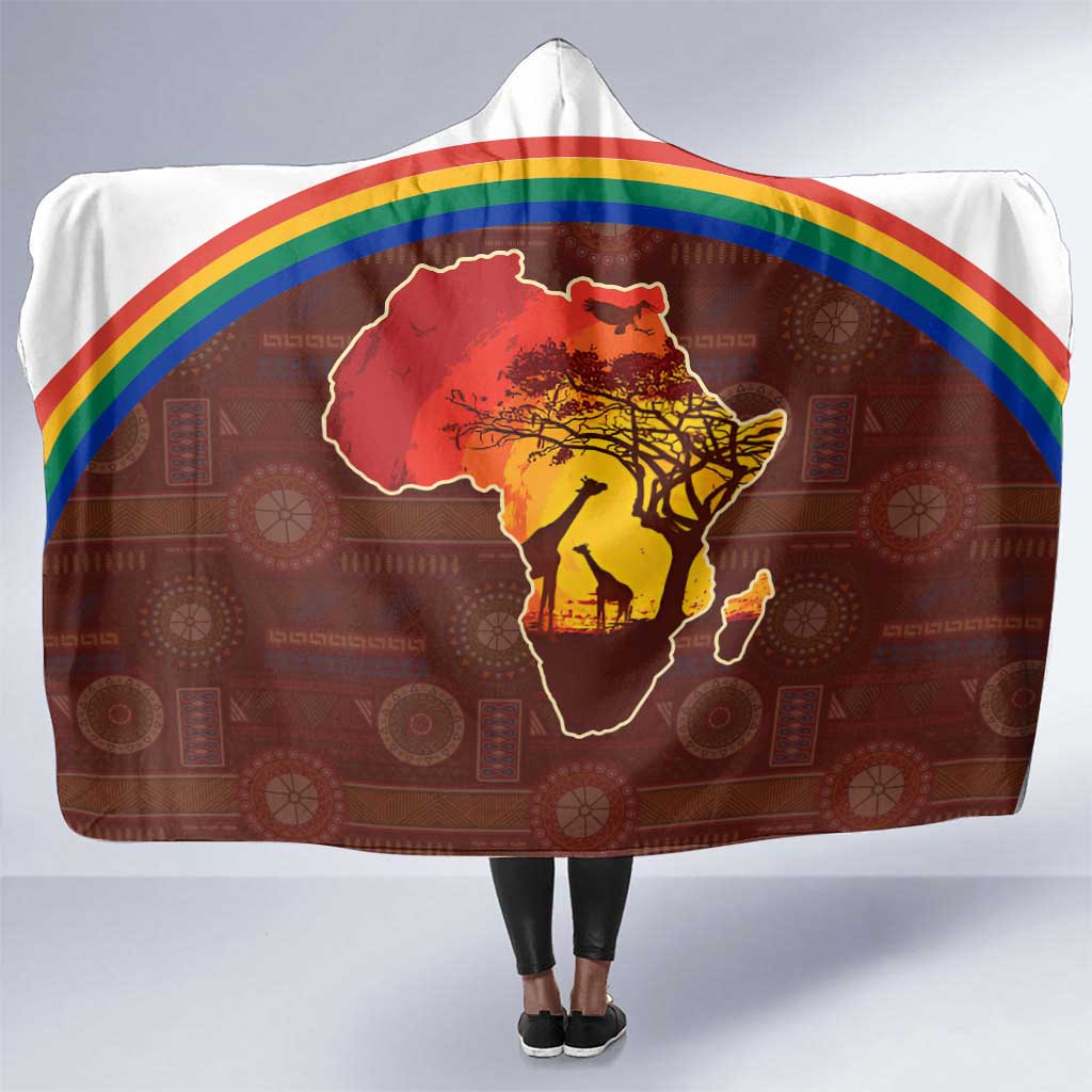 African Sunset Hooded Blanket Tribal Pattern Continent Silhouette - Rainbow Arc Safari Scene