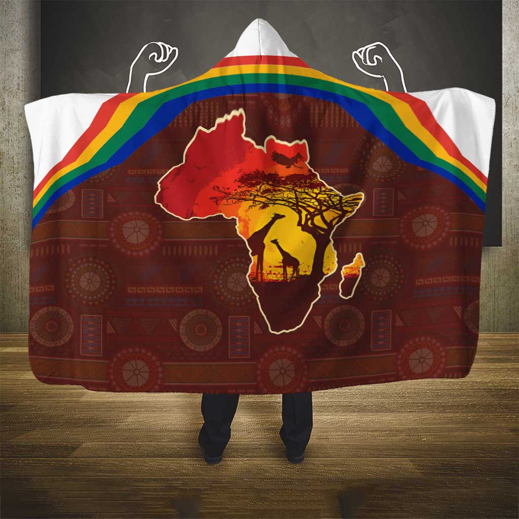African Sunset Hooded Blanket Tribal Pattern Continent Silhouette - Rainbow Arc Safari Scene