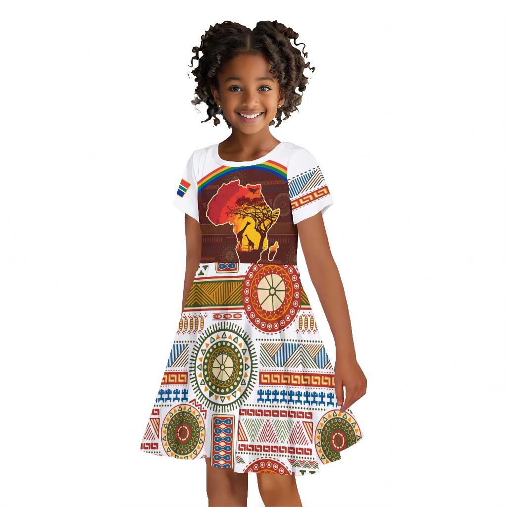 African Sunset Kid Short Sleeve Dress Tribal Pattern Continent Silhouette - Rainbow Arc Safari Scene