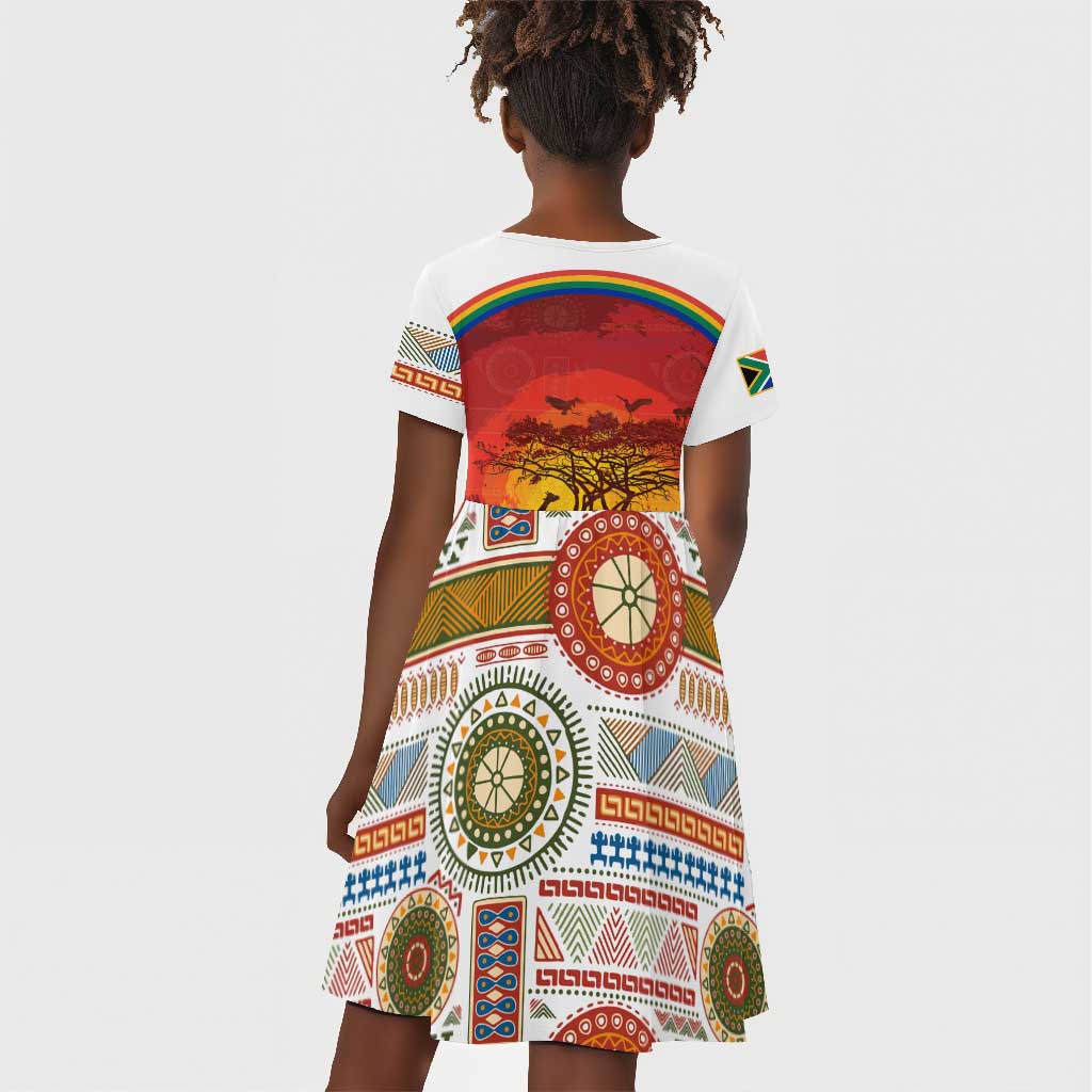 African Sunset Kid Short Sleeve Dress Tribal Pattern Continent Silhouette - Rainbow Arc Safari Scene