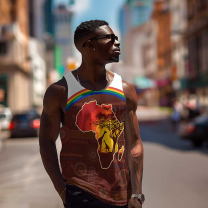 African Sunset Men Tank Top Tribal Pattern Continent Silhouette - Rainbow Arc Safari Scene