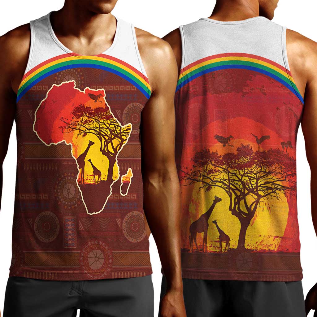 African Sunset Men Tank Top Tribal Pattern Continent Silhouette - Rainbow Arc Safari Scene
