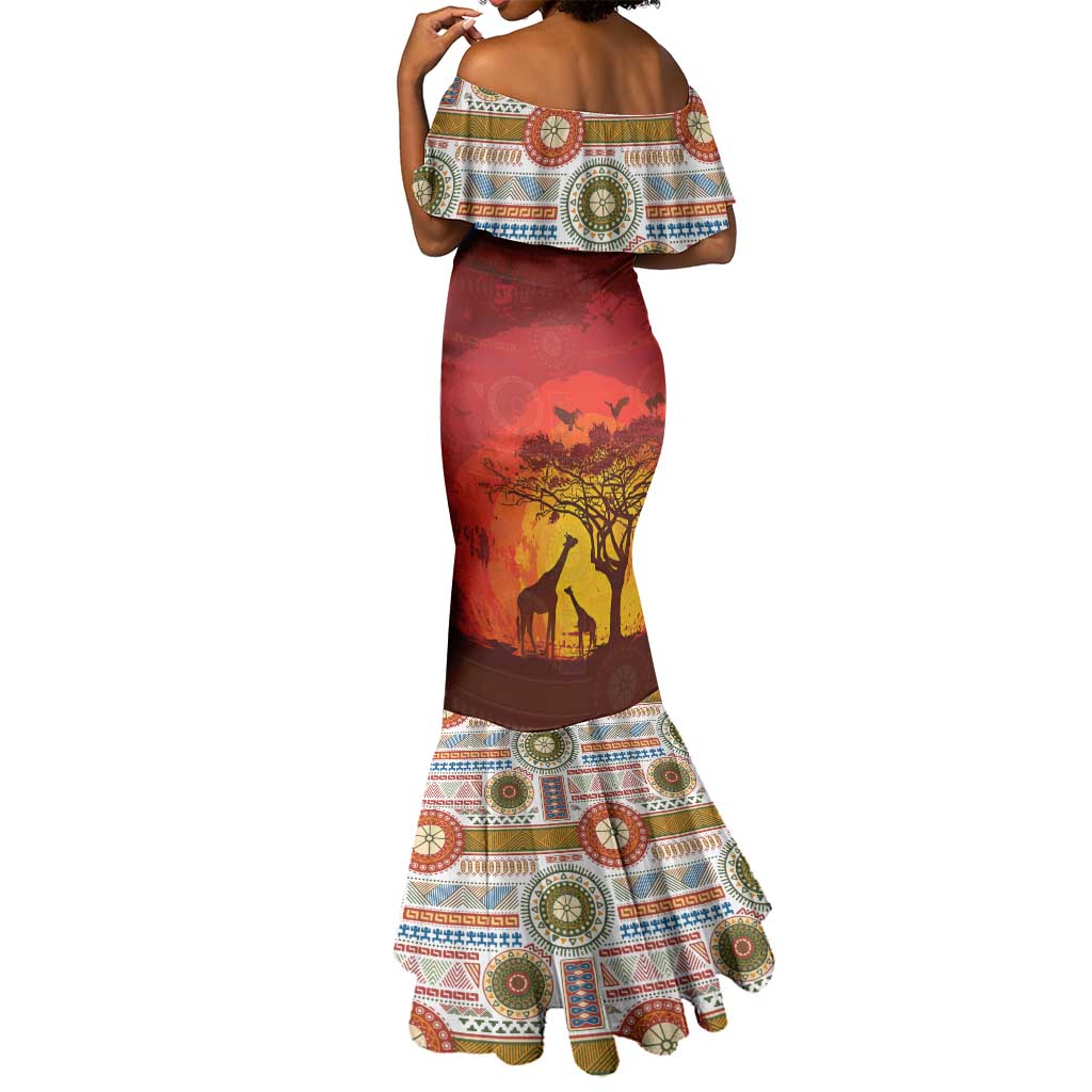 African Sunset Mermaid Dress Tribal Pattern Continent Silhouette - Rainbow Arc Safari Scene
