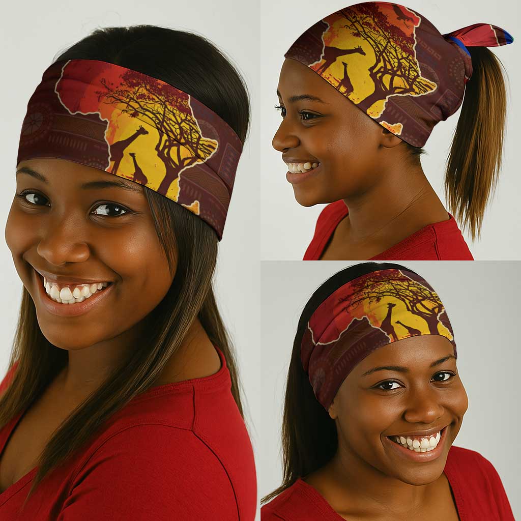 African Sunset Neck Gaiter Tribal Pattern Continent Silhouette - Rainbow Arc Safari Scene TS04