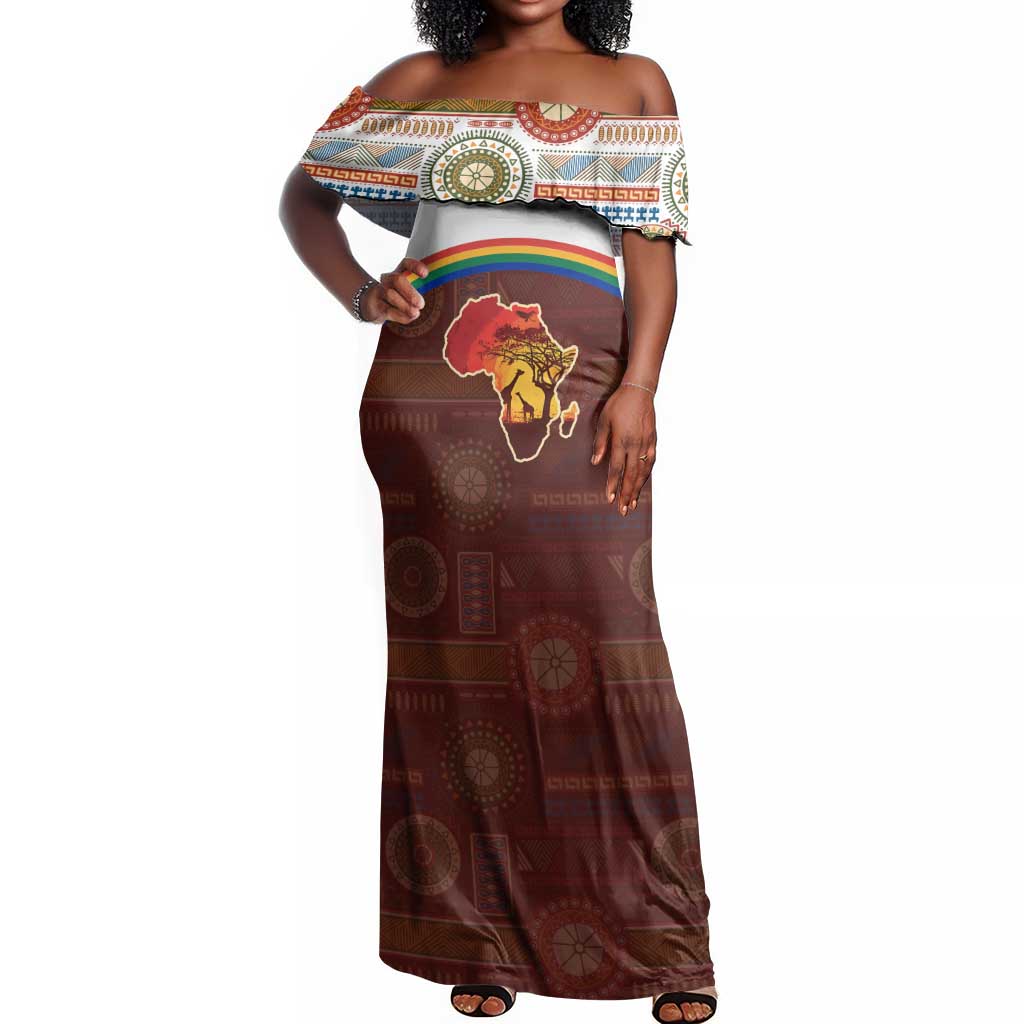 African Sunset Off Shoulder Maxi Dress Tribal Pattern Continent Silhouette - Rainbow Arc Safari Scene