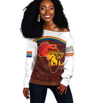 African Sunset Off Shoulder Sweater Tribal Pattern Continent Silhouette - Rainbow Arc Safari Scene