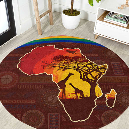 African Sunset Round Carpet Tribal Pattern Continent Silhouette - Rainbow Arc Safari Scene