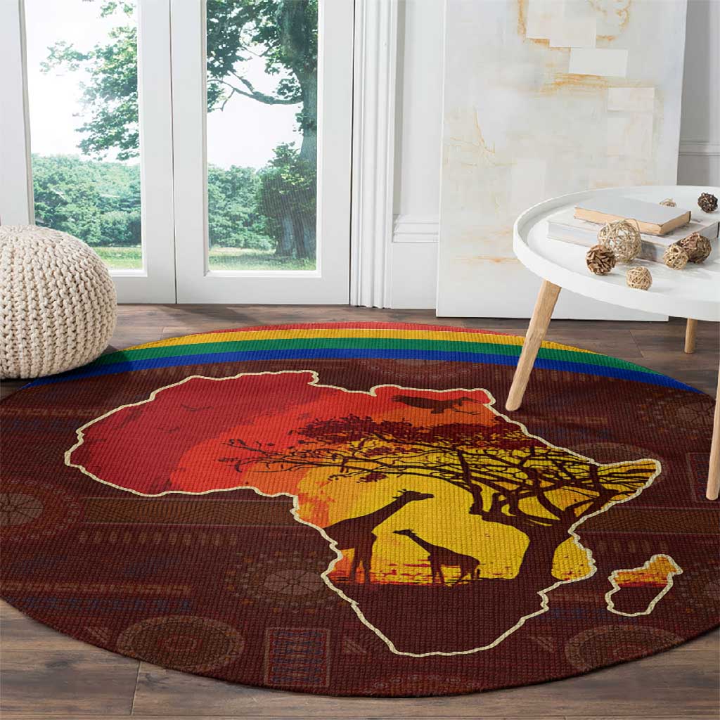African Sunset Round Carpet Tribal Pattern Continent Silhouette - Rainbow Arc Safari Scene