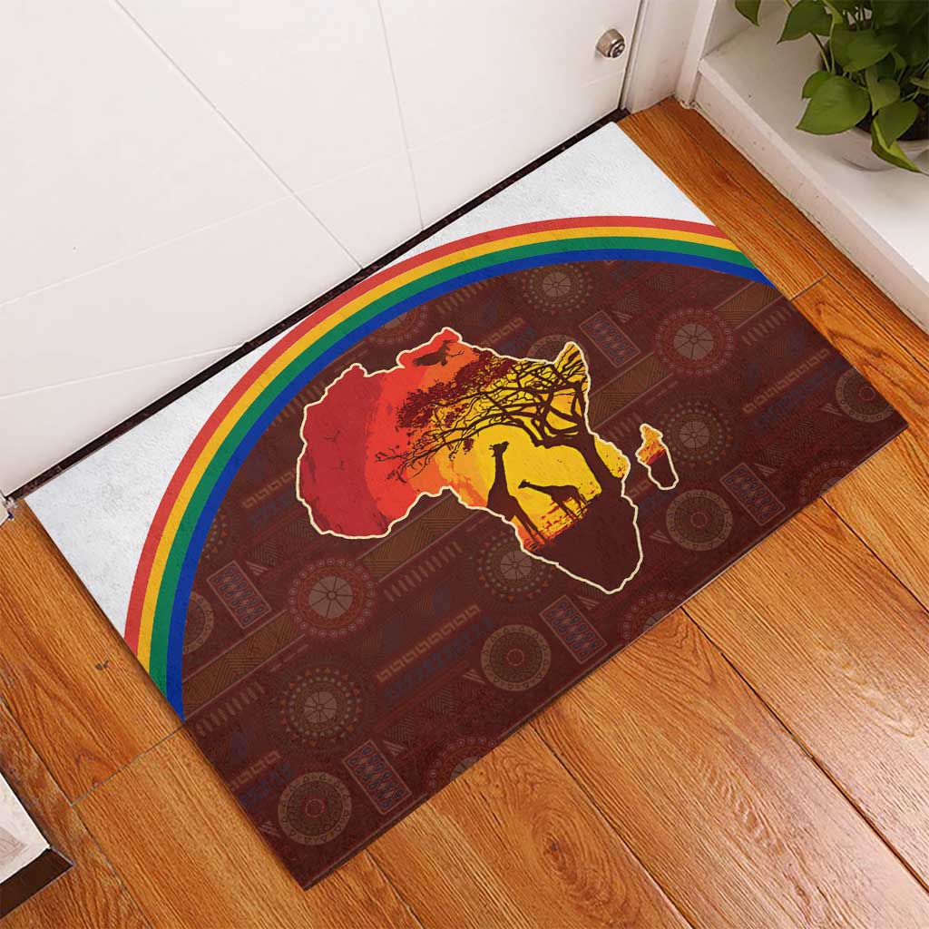 African Sunset Rubber Doormat Tribal Pattern Continent Silhouette - Rainbow Arc Safari Scene