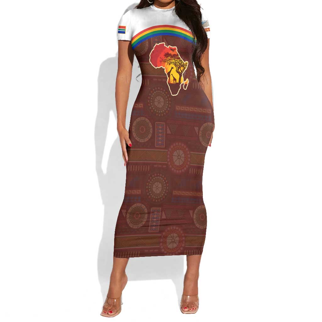 African Sunset Short Sleeve Bodycon Dress Tribal Pattern Continent Silhouette - Rainbow Arc Safari Scene TS04