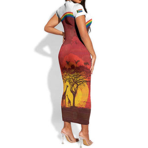 African Sunset Short Sleeve Bodycon Dress Tribal Pattern Continent Silhouette - Rainbow Arc Safari Scene TS04