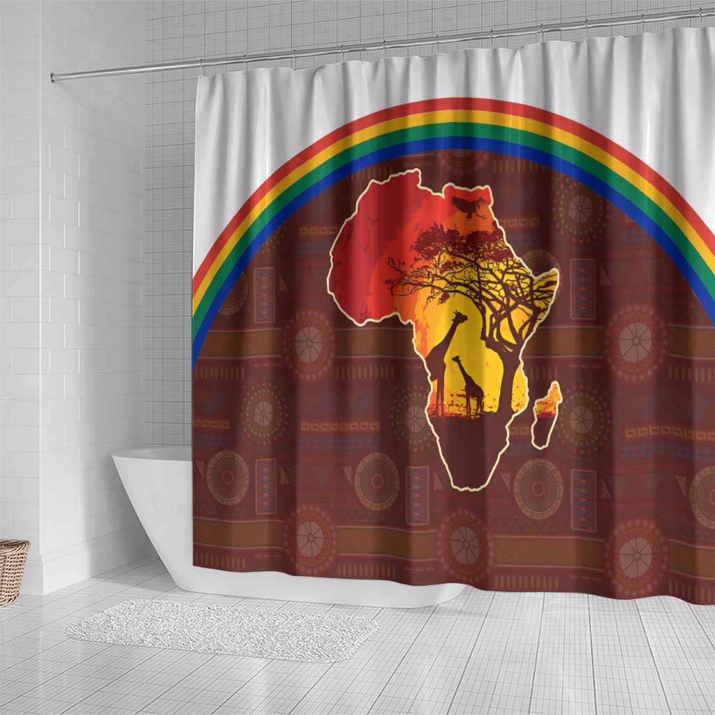 African Sunset Shower Curtain Tribal Pattern Continent Silhouette - Rainbow Arc Safari Scene