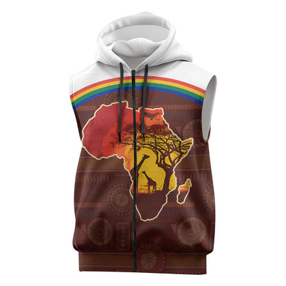 African Sunset Sleeveless Zip Hoodie Tribal Pattern Continent Silhouette - Rainbow Arc Safari Scene - African Pride