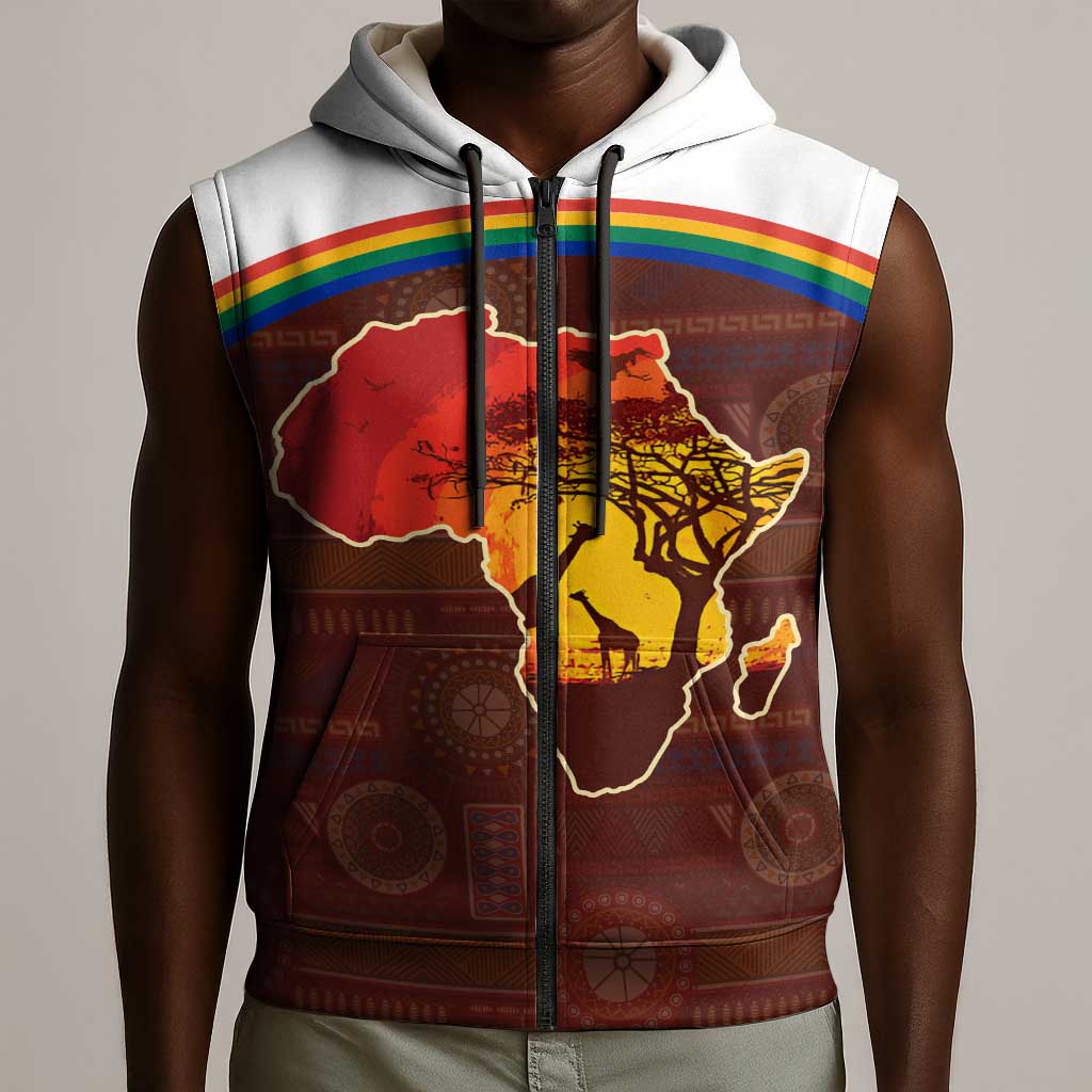 African Sunset Sleeveless Zip Hoodie Tribal Pattern Continent Silhouette - Rainbow Arc Safari Scene - African Pride