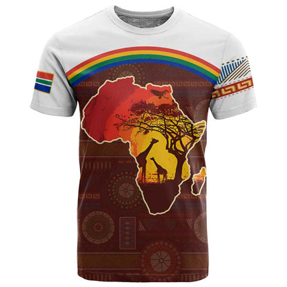 African Sunset T shirt Tribal Pattern Continent Silhouette - Rainbow Arc Safari Scene