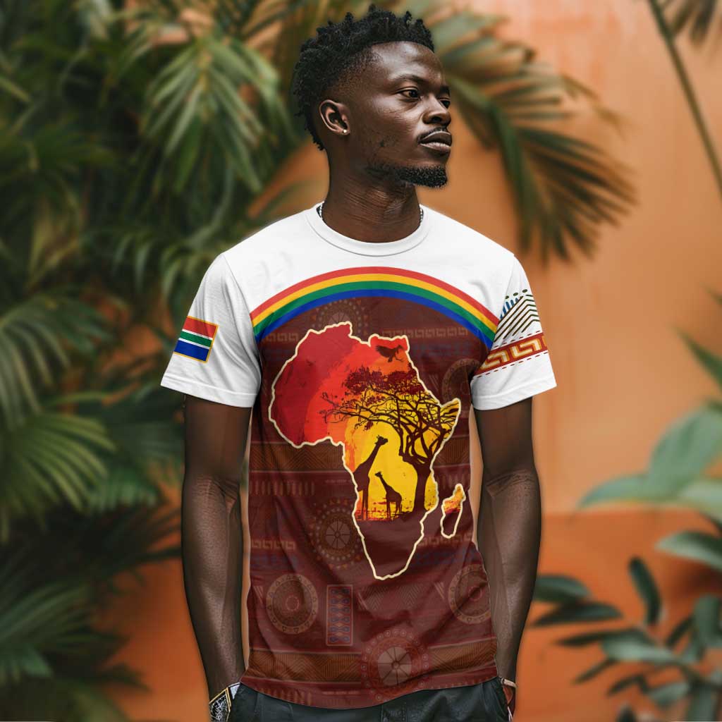 African Sunset T shirt Tribal Pattern Continent Silhouette - Rainbow Arc Safari Scene