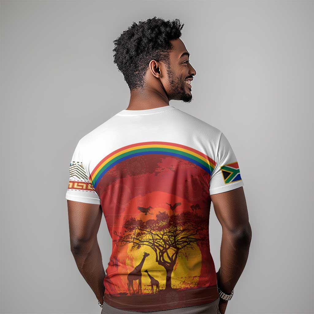 African Sunset T shirt Tribal Pattern Continent Silhouette - Rainbow Arc Safari Scene