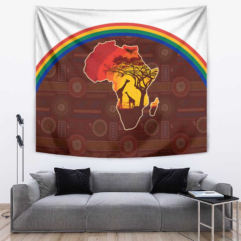 African Sunset Tapestry Tribal Pattern Continent Silhouette - Rainbow Arc Safari Scene
