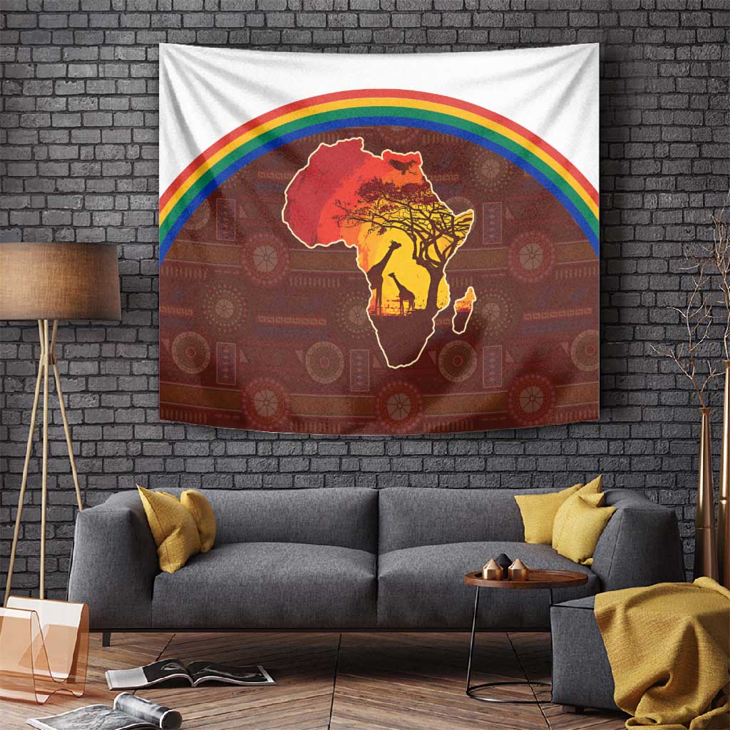 African Sunset Tapestry Tribal Pattern Continent Silhouette - Rainbow Arc Safari Scene