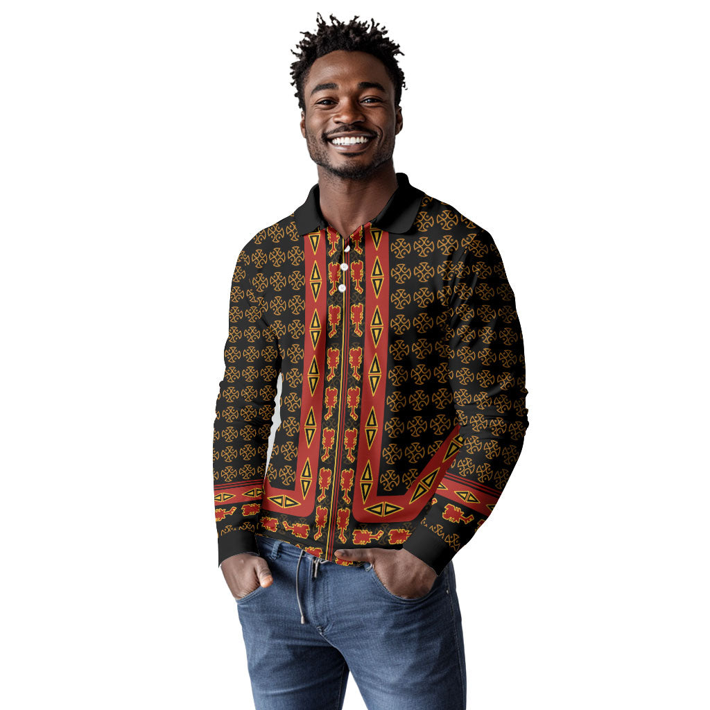 Cameroon Toghu Heritage Long Sleeve Polo Shirt Traditional Bamenda Pattern In African