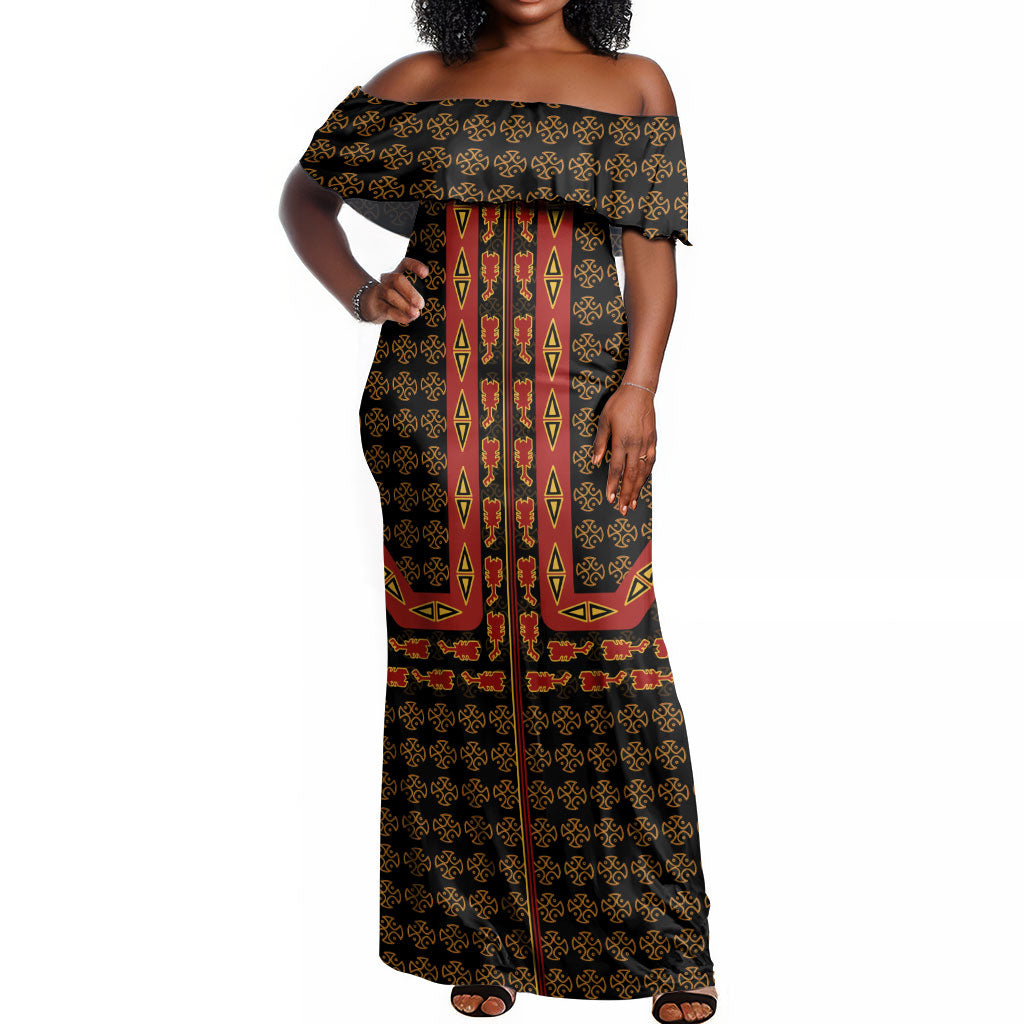 Cameroon Toghu Heritage Off Shoulder Maxi Dress Traditional Bamenda Pattern In African