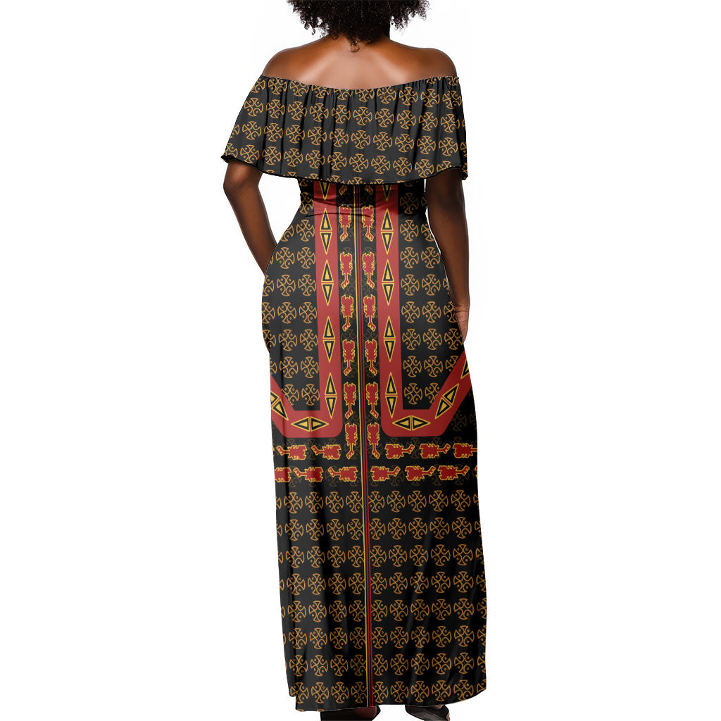 Cameroon Toghu Heritage Off Shoulder Maxi Dress Traditional Bamenda Pattern In African