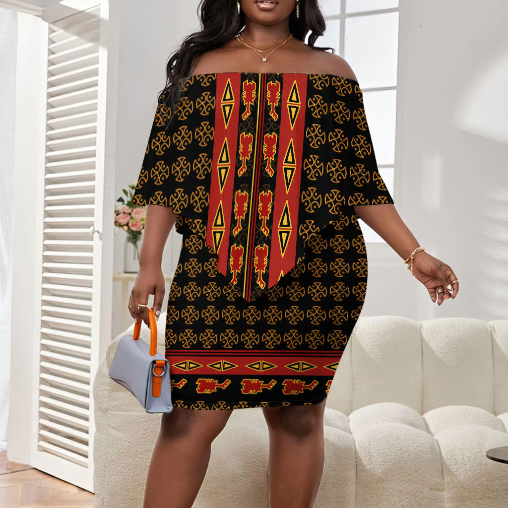 Cameroon Toghu Heritage Off Shoulder Short Dress Traditional Bamenda Pattern In African