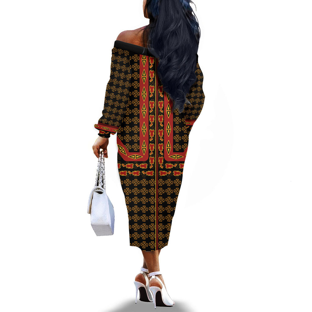 Cameroon Toghu Heritage Off The Shoulder Long Sleeve Dress Traditional Bamenda Pattern In African
