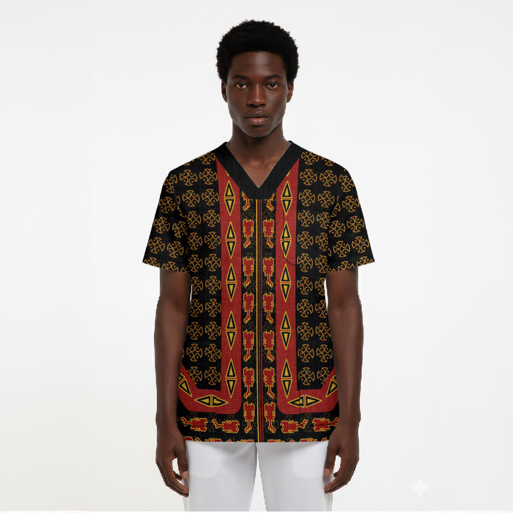 Cameroon Toghu Heritage Scrub Top Traditional Bamenda Pattern In African