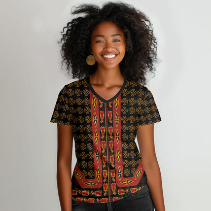 Cameroon Toghu Heritage Women V-Neck T-Shirt Traditional Bamenda Pattern In African