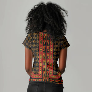 Cameroon Toghu Heritage Women V-Neck T-Shirt Traditional Bamenda Pattern In African