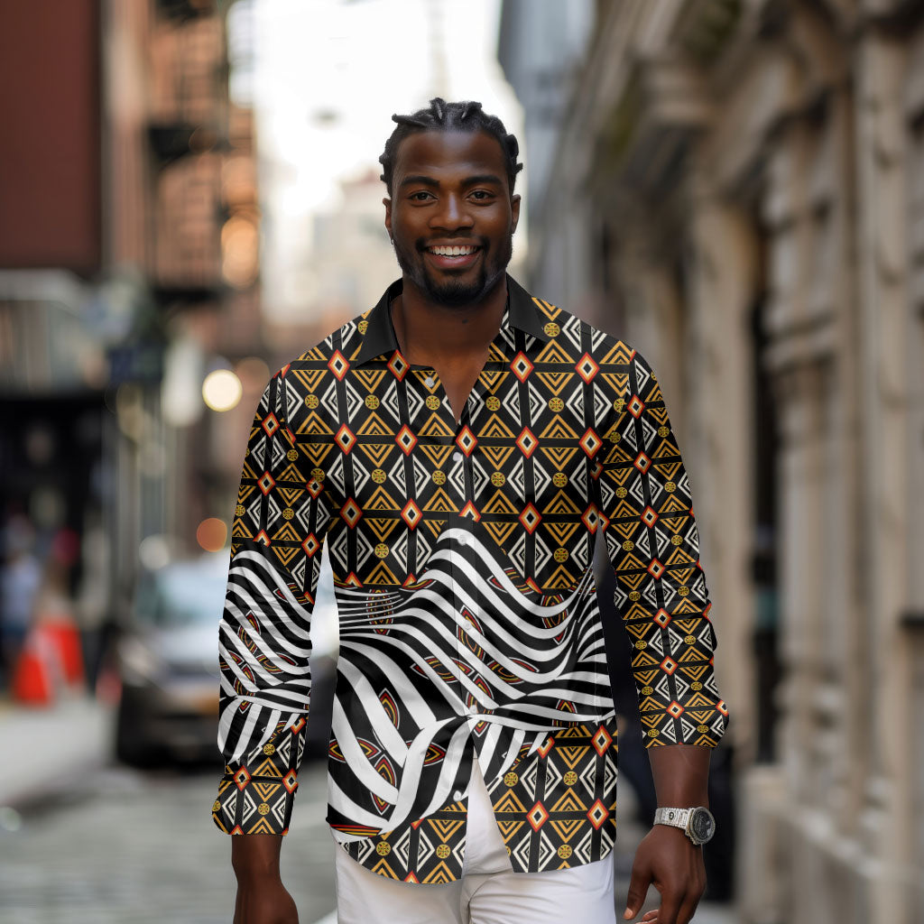 Cameroon Toghu Bamenda Long Sleeve Button Shirt African Traditional Art