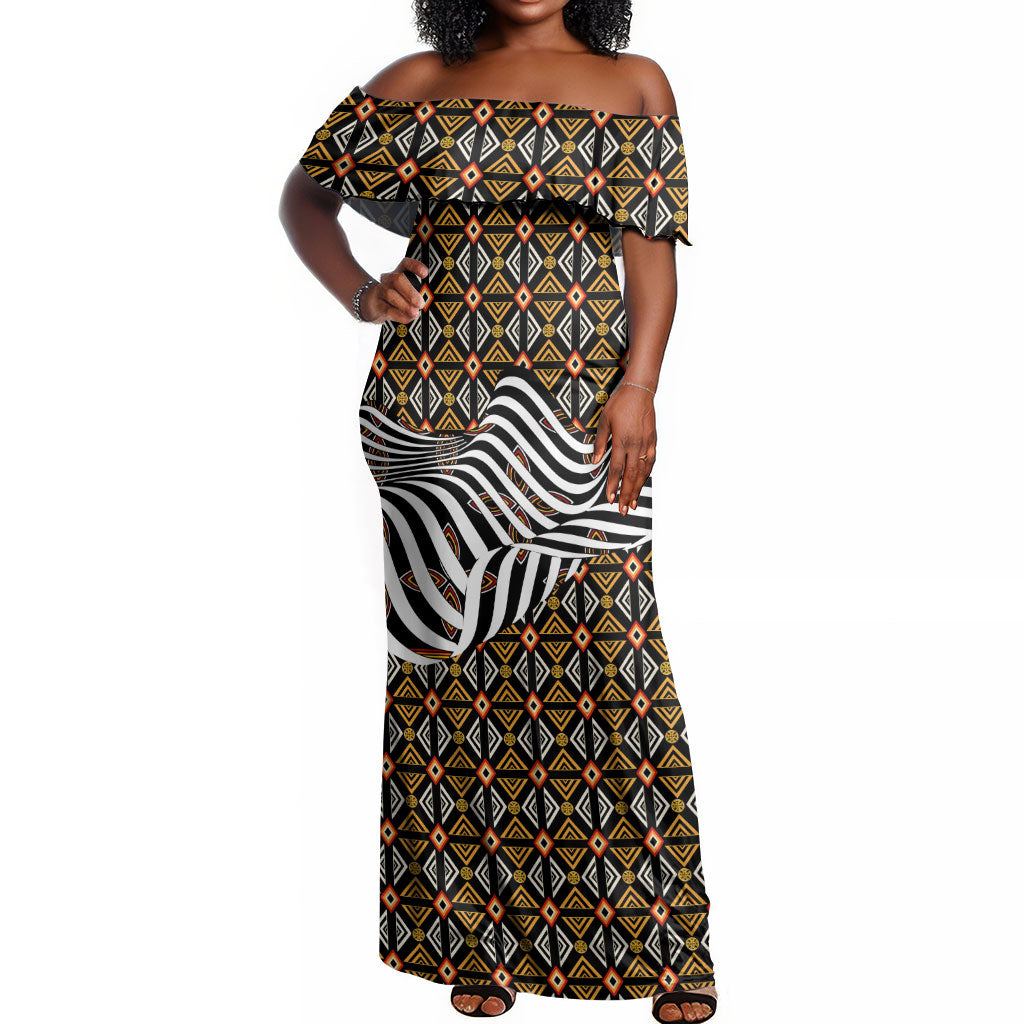 Cameroon Toghu Bamenda Off Shoulder Maxi Dress African Traditional Art