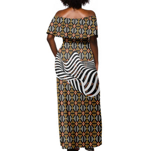Cameroon Toghu Bamenda Off Shoulder Maxi Dress African Traditional Art