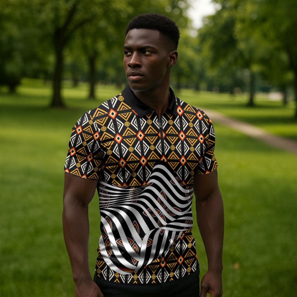 Cameroon Toghu Bamenda Zipper Polo Shirt African Traditional Art