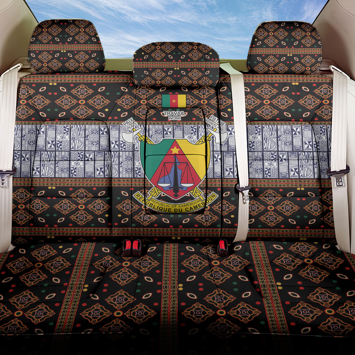 Cameroon Toghu Back Car Seat Cover Flag Coat Of Arms - Traditional Bamenda Art