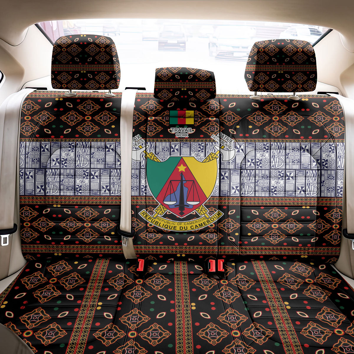Cameroon Toghu Back Car Seat Cover Flag Coat Of Arms - Traditional Bamenda Art