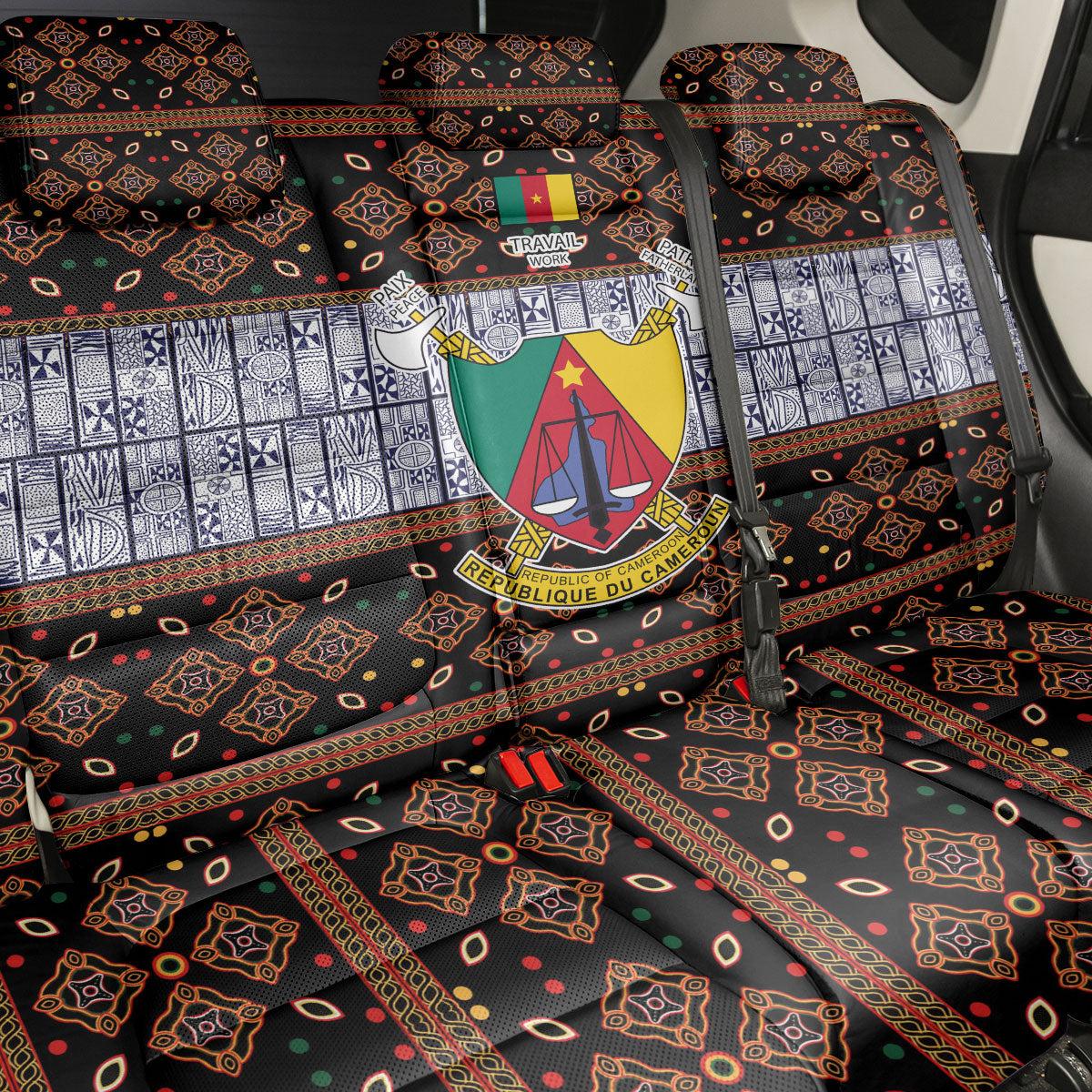 Cameroon Toghu Back Car Seat Cover Flag Coat Of Arms - Traditional Bamenda Art