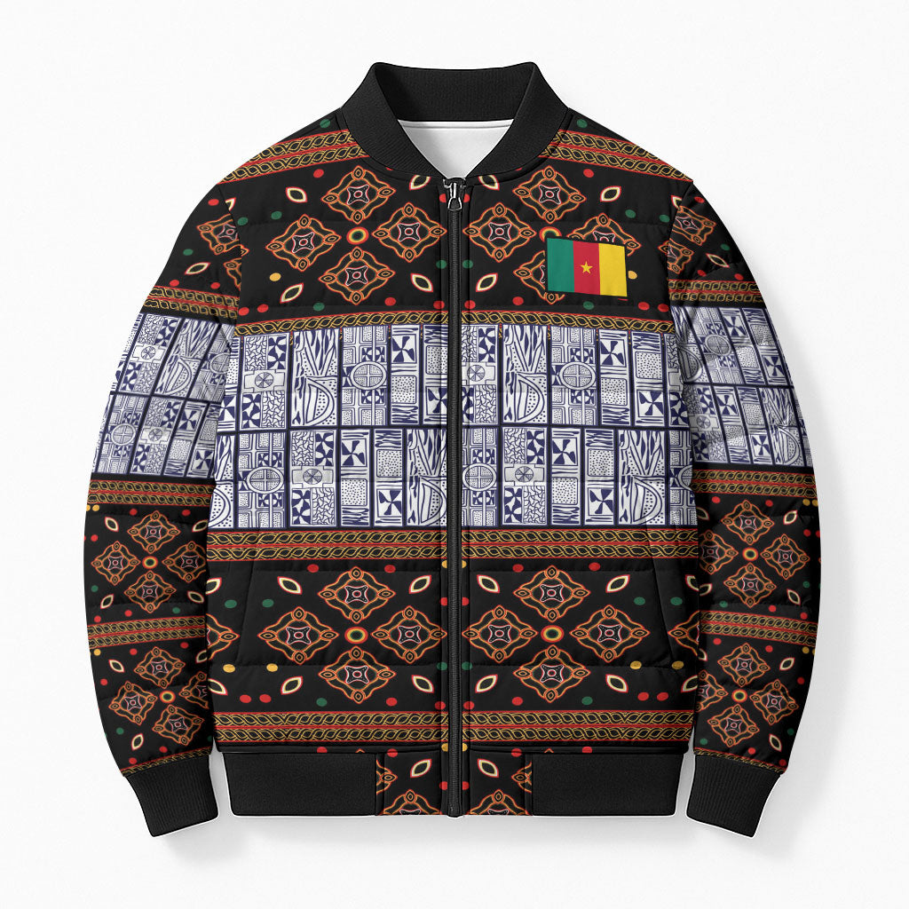 Cameroon Toghu Bomber Puffer Jacket Flag Coat Of Arms - Traditional Bamenda Art
