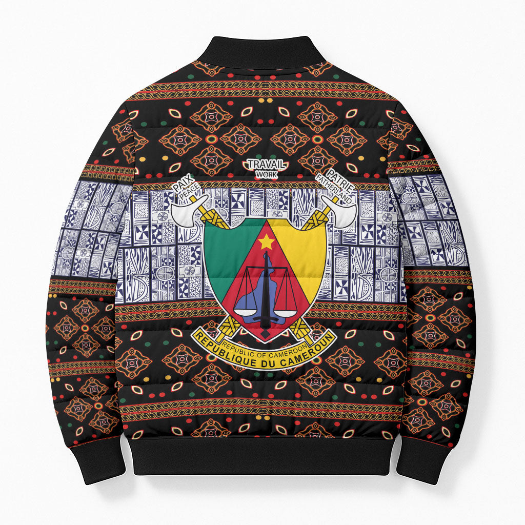 Cameroon Toghu Bomber Puffer Jacket Flag Coat Of Arms - Traditional Bamenda Art
