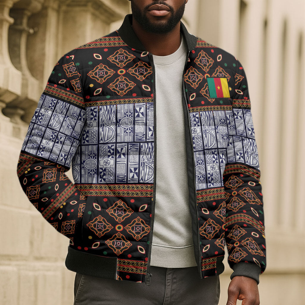 Cameroon Toghu Bomber Puffer Jacket Flag Coat Of Arms - Traditional Bamenda Art