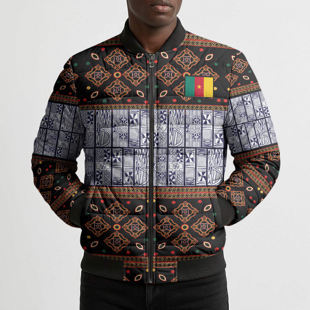 Cameroon Toghu Bomber Puffer Jacket Flag Coat Of Arms - Traditional Bamenda Art