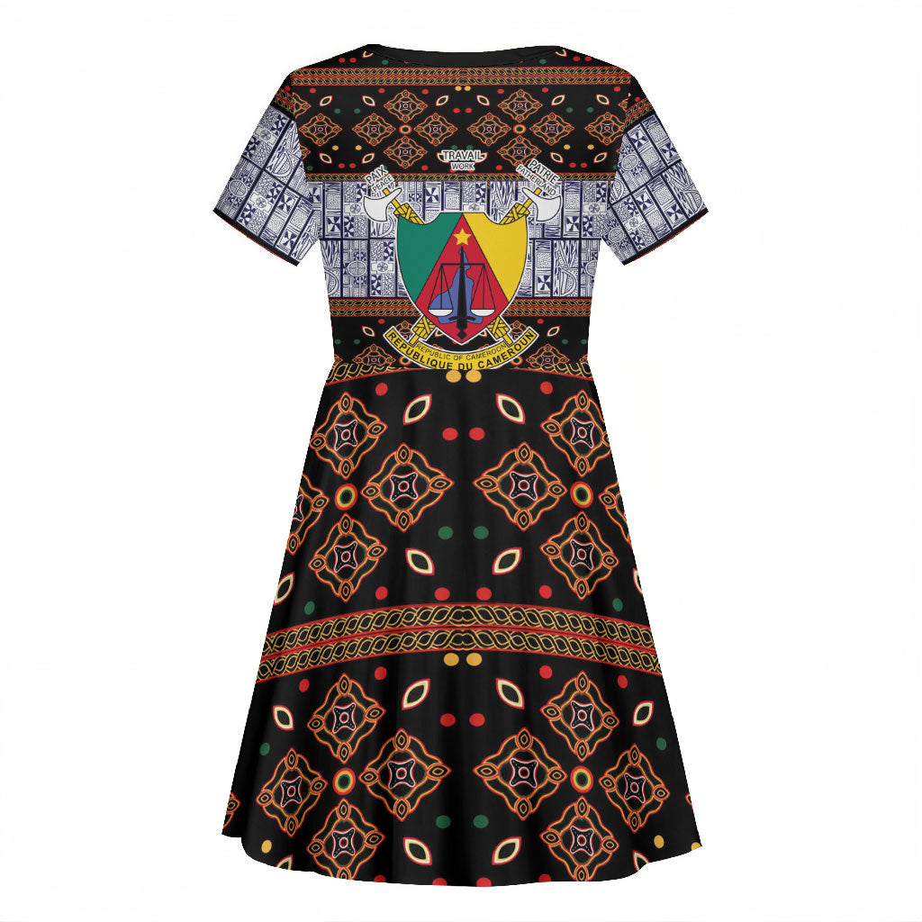 Cameroon Toghu Kid Short Sleeve Dress Flag Coat Of Arms - Traditional Bamenda Art
